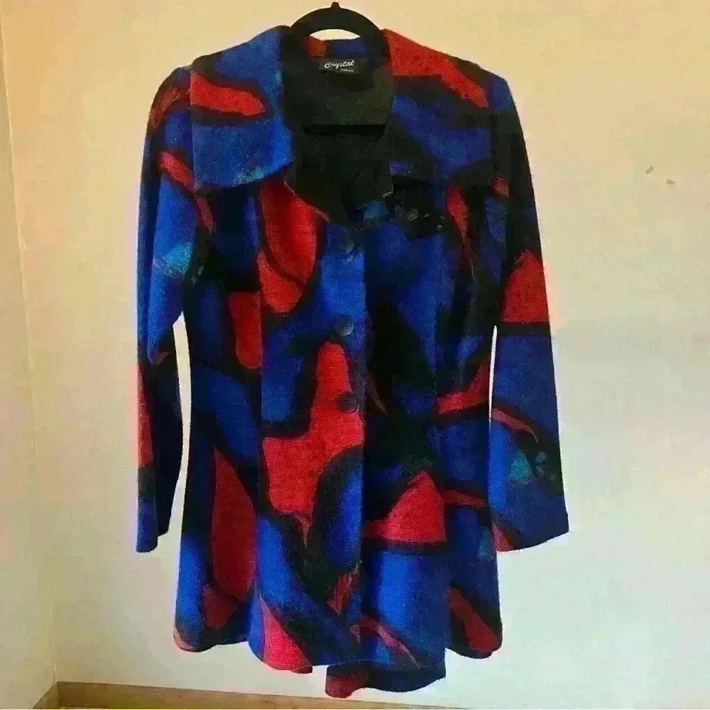 Vintage Women’s Long Blazer, Modes Crystal Fashions, Fits size S/M, Red/Blue